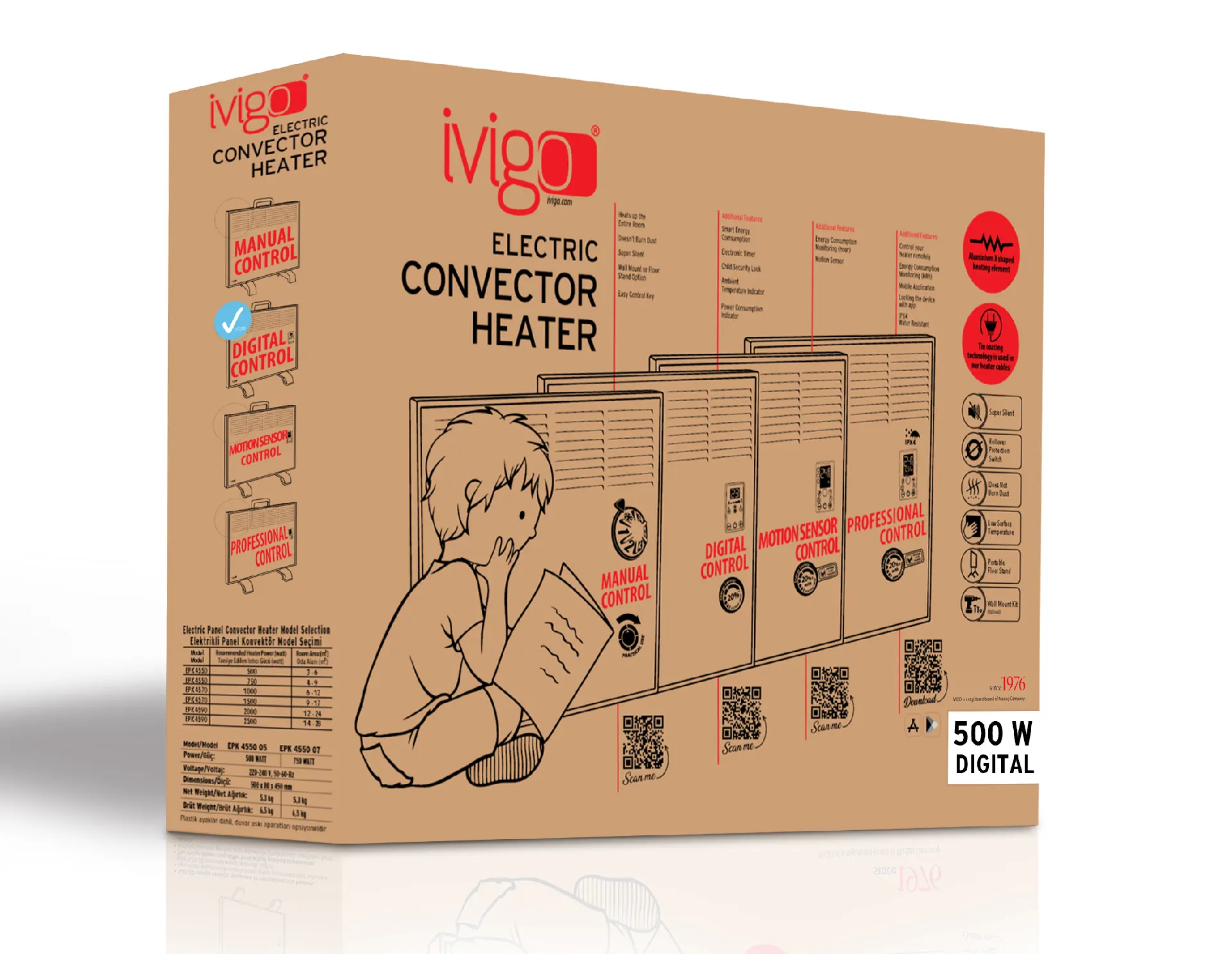EPK 500 Watt Dijital Konvektör Isıtıcı Beyaz Ayak + Askılı