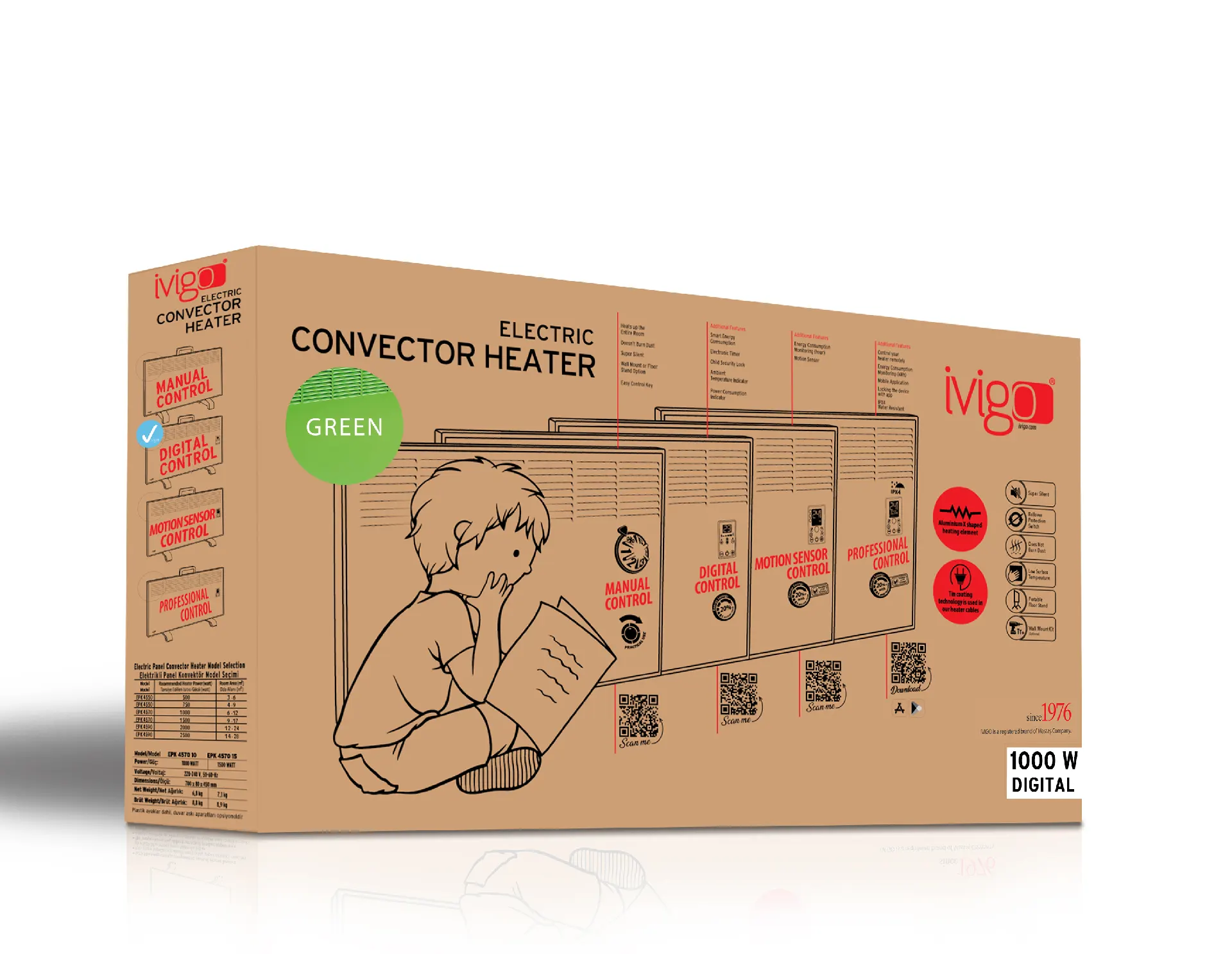 EPK 1000 Watt Dijital Konvektör Isıtıcı Ahşap Ayak + Askılı