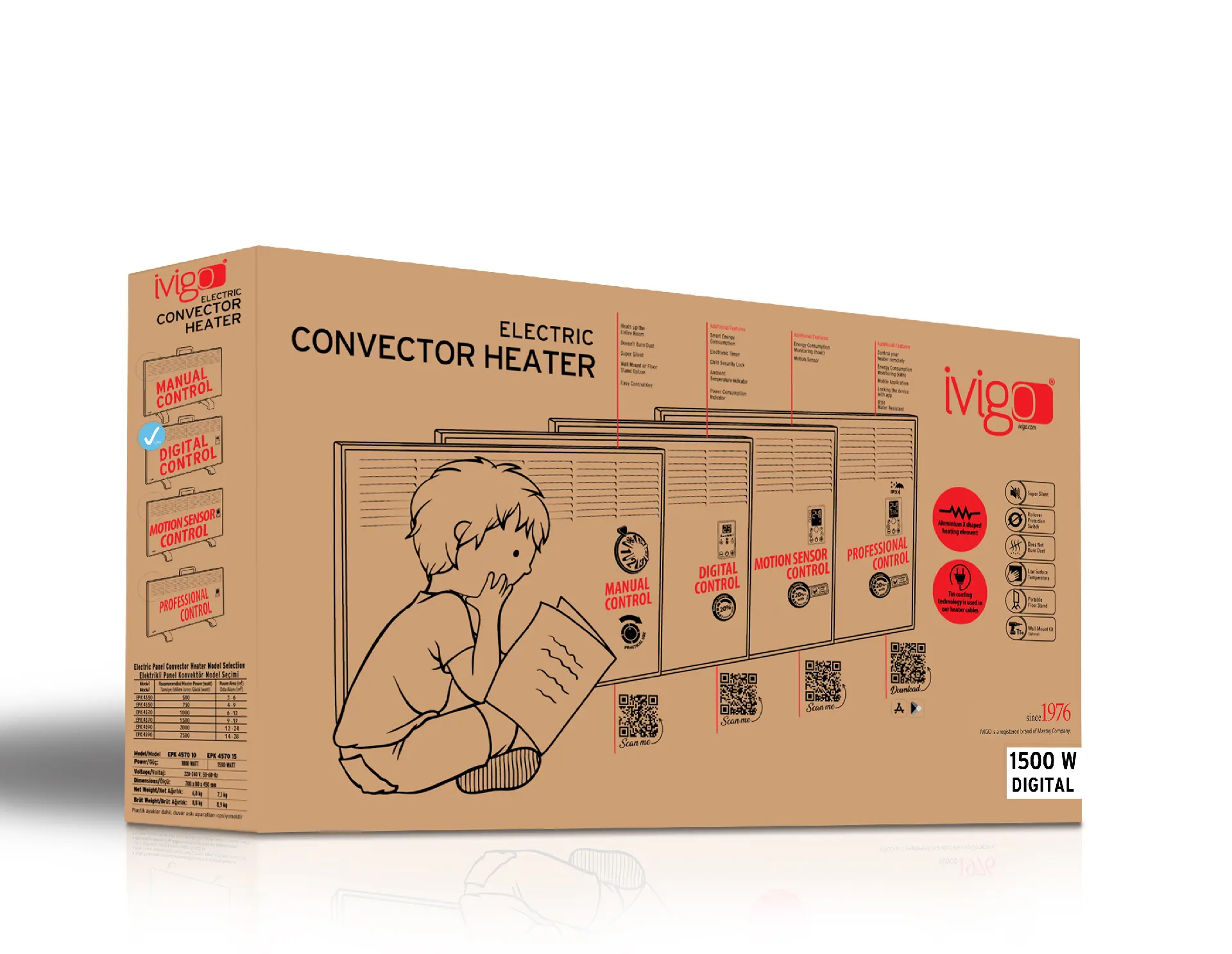 EPK 1500 Watt Dijital Konvektör Isıtıcı Beyaz Ayak + Askılı
