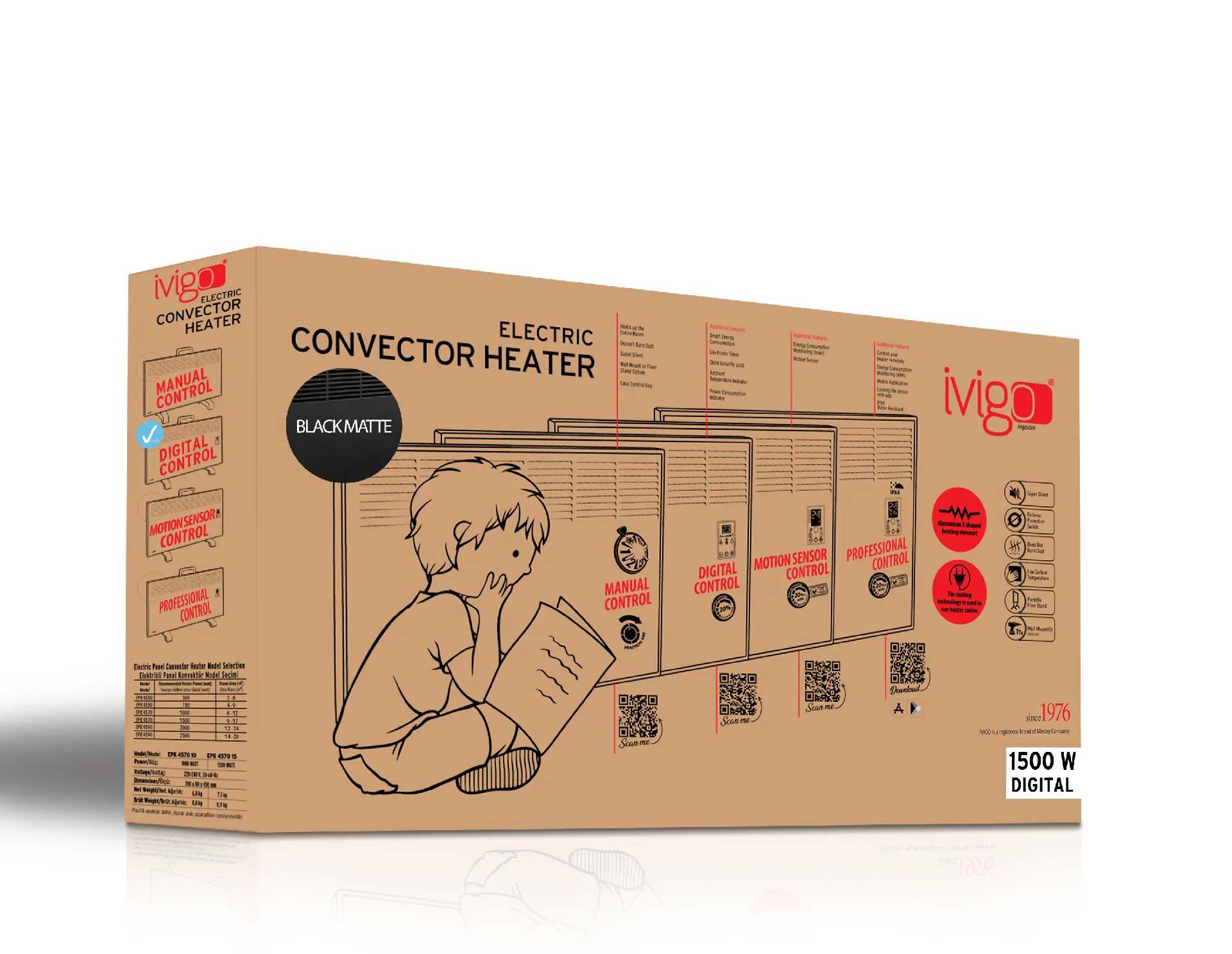 EPK 1500 Watt Dijital Konvektör Isıtıcı Siyah Ayak + Askılı