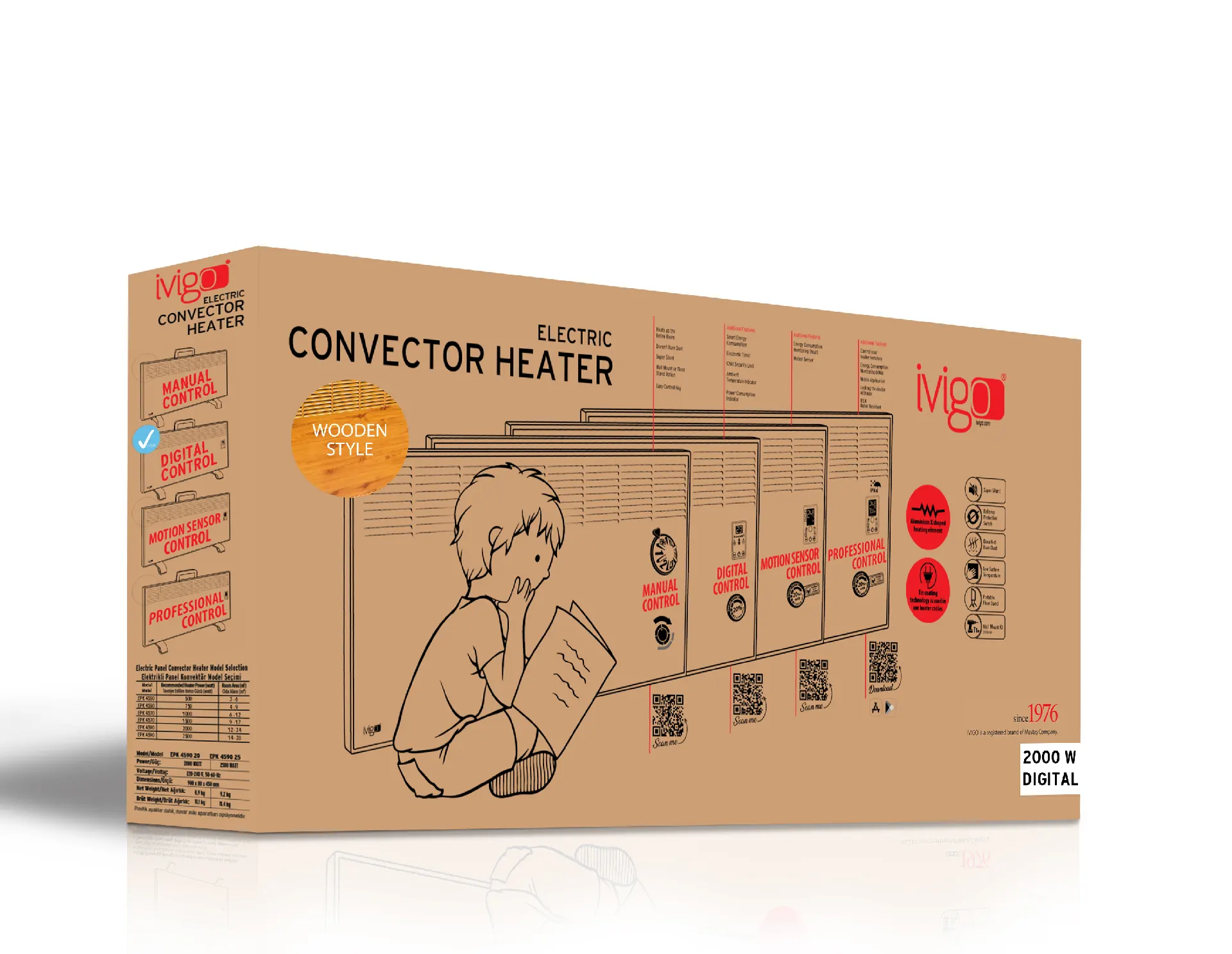 EPK 2000 Watt Dijital Konvektör Isıtıcı Siyah Ayak +  Askılı