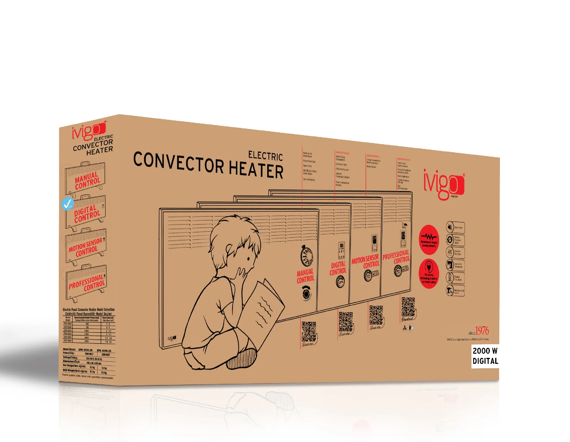EPK 2000 Watt Dijital Konvektör Isıtıcı Siyah Ayak +  Askılı