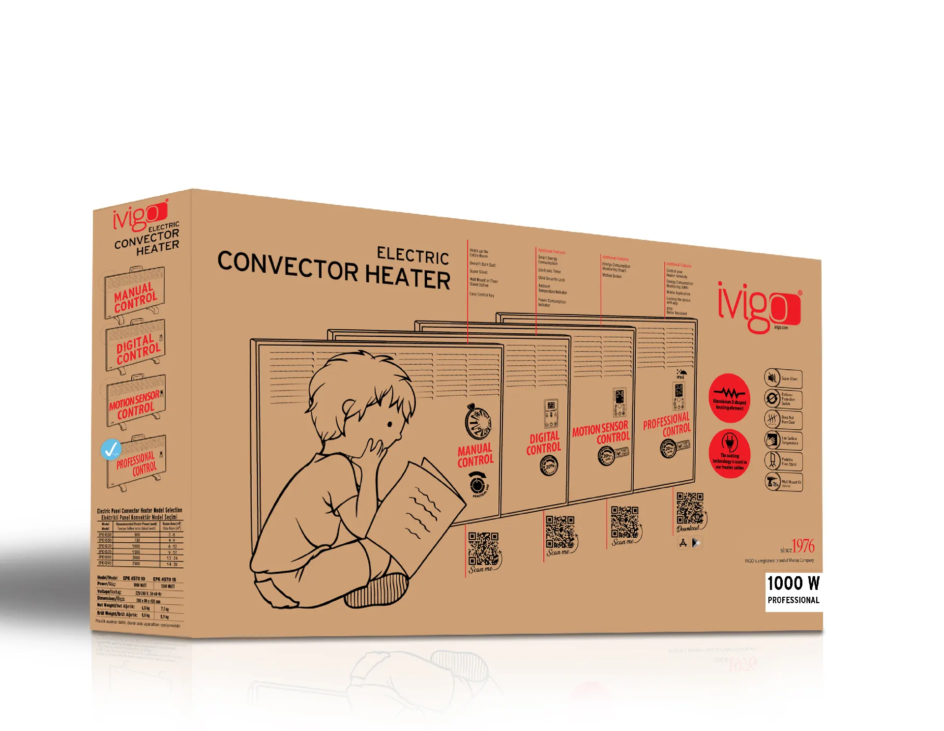 İVİGO EPK 1000 Watt Profesyonel Wi-Fi Konvektör Isıtıcı Beyaz Ayak + Askılı