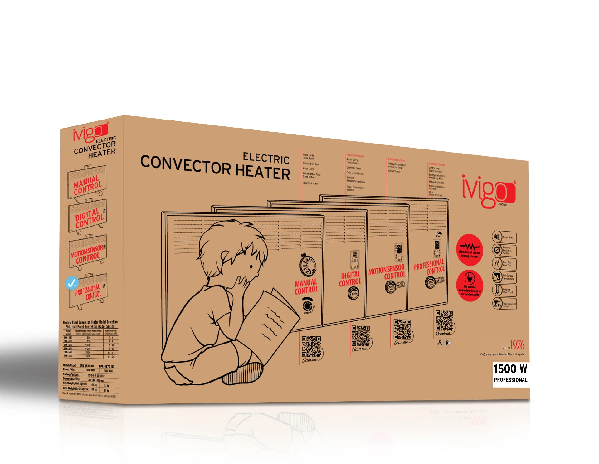 İVİGO EPK 1500 Watt Profesyonel Wi-Fi Konvektör Isıtıcı Beyaz Ayak + Askılı
